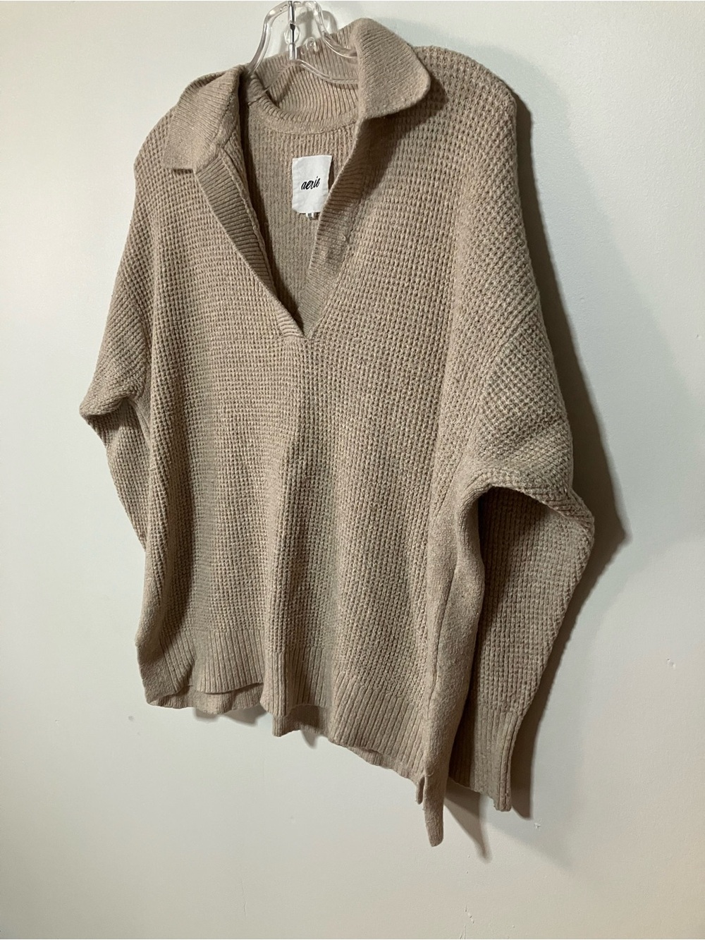 Aerie Cream Waffle Knit Oversized Split Collar V-Neck Pullover Sweater Size XXS